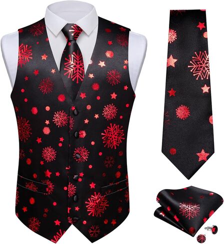 DiBanGu Mens Christmas Suit Vest Red Snowflake Holiday Xmas Waistcoat Tie Pocket Square Cufflinks Festival Party Gifts L in Saudi Arabia