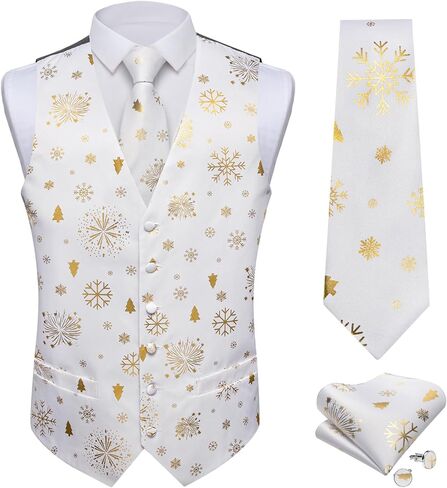 DiBanGu Mens Christmas Suit Vest Red Snowflake Holiday Xmas Waistcoat Tie Pocket Square Cufflinks Festival Party Gifts L in Saudi Arabia