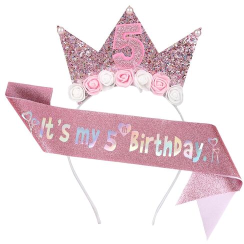 5th Birthday Sash and Crown for Girls, Glitter It's My 5th Birthday Sash & Flower 5 Headdress Headband Outfit Accessories for Five Year Old Birthdays Party Decorations Photos Dress-Up (Pink) in Saudi Arabia