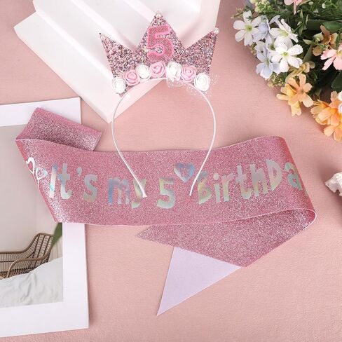 5th Birthday Sash and Crown for Girls, Glitter It's My 5th Birthday Sash & Flower 5 Headdress Headband Outfit Accessories for Five Year Old Birthdays Party Decorations Photos Dress-Up (Pink) in Saudi Arabia