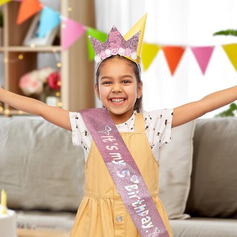 5th Birthday Sash and Crown for Girls, Glitter It's My 5th Birthday Sash & Flower 5 Headdress Headband Outfit Accessories for Five Year Old Birthdays Party Decorations Photos Dress-Up (Pink) in Saudi Arabia