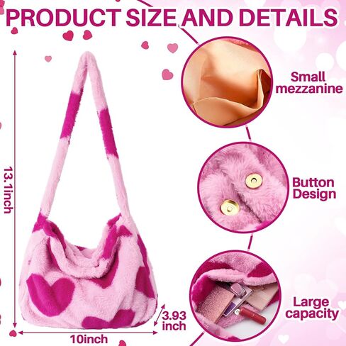 2 Pcs Valentine's Day Gifts Pink Hearts Fluffy Shoulder Tote Bag Faux Fur Bucket Hat Warm Fur Fisherman Hat for Women Furry Purse Handbag for Winter in Saudi Arabia