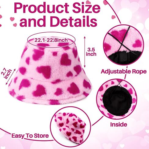 2 Pcs Valentine's Day Gifts Pink Hearts Fluffy Shoulder Tote Bag Faux Fur Bucket Hat Warm Fur Fisherman Hat for Women Furry Purse Handbag for Winter in Saudi Arabia