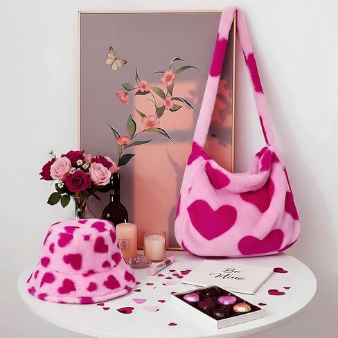 2 Pcs Valentine's Day Gifts Pink Hearts Fluffy Shoulder Tote Bag Faux Fur Bucket Hat Warm Fur Fisherman Hat for Women Furry Purse Handbag for Winter in Saudi Arabia