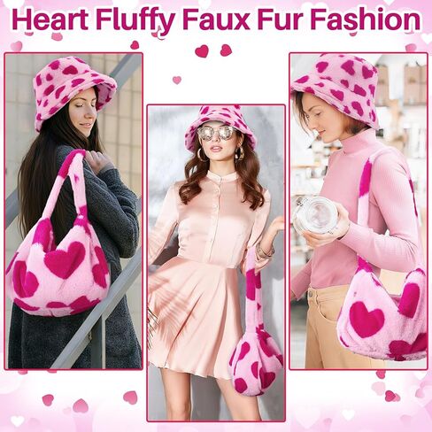 2 Pcs Valentine's Day Gifts Pink Hearts Fluffy Shoulder Tote Bag Faux Fur Bucket Hat Warm Fur Fisherman Hat for Women Furry Purse Handbag for Winter in Saudi Arabia