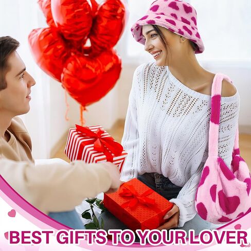 2 Pcs Valentine's Day Gifts Pink Hearts Fluffy Shoulder Tote Bag Faux Fur Bucket Hat Warm Fur Fisherman Hat for Women Furry Purse Handbag for Winter in Saudi Arabia