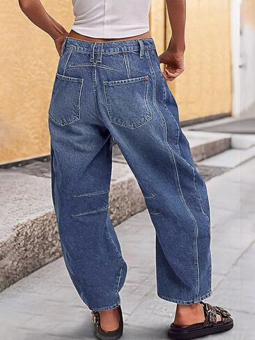 Flamingals Barrel Leg Jeans for Women Mid Waist Casual Baggy Boyfriend Stitch Detail Denim Jeans in Saudi Arabia