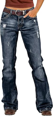 جينز Flamingals Bootcut للنساء عصري متوسط ​​الارتفاع قابل للتمدد وممزق وممزق لرفع المؤخرة جينز غربي بدون حزام in Kuwait