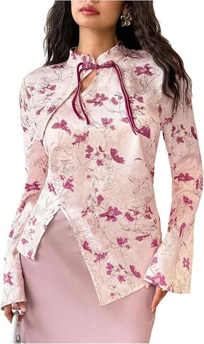SweatyRocks Women's Chinese Cheongsam Top Floral Print Mock Neck Flare Long Sleeve Split Blouses in Saudi Arabia
