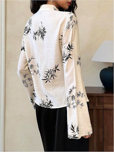 SweatyRocks Women's Chinese Cheongsam Top Floral Print Mock Neck Flare Long Sleeve Split Blouses in Saudi Arabia