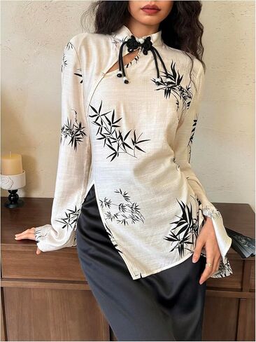 SweatyRocks Women's Chinese Cheongsam Top Floral Print Mock Neck Flare Long Sleeve Split Blouses in Saudi Arabia
