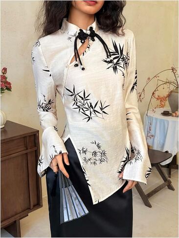 SweatyRocks Women's Chinese Cheongsam Top Floral Print Mock Neck Flare Long Sleeve Split Blouses in Saudi Arabia