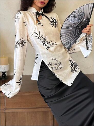 SweatyRocks Women's Chinese Cheongsam Top Floral Print Mock Neck Flare Long Sleeve Split Blouses in Saudi Arabia