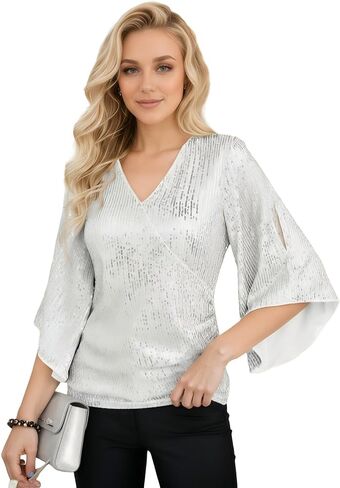 Women's Sequin V-Neck Blouse, 3/4 Bell Sleeves Glitter Sparkly Tops, Evening Party Top in Saudi Arabia