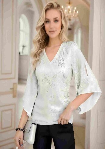 Women's Sequin V-Neck Blouse, 3/4 Bell Sleeves Glitter Sparkly Tops, Evening Party Top in Saudi Arabia