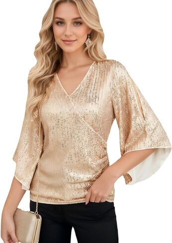 Women's Sequin V-Neck Blouse, 3/4 Bell Sleeves Glitter Sparkly Tops, Evening Party Top in Saudi Arabia