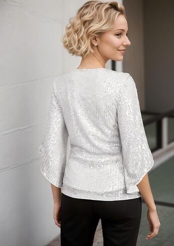 Women's Sequin V-Neck Blouse, 3/4 Bell Sleeves Glitter Sparkly Tops, Evening Party Top in Saudi Arabia