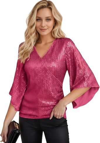 Women's Sequin V-Neck Blouse, 3/4 Bell Sleeves Glitter Sparkly Tops, Evening Party Top in Saudi Arabia