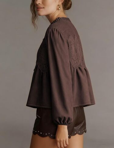 Lentta Women's Lace-Detail Suede Flared Blouse Long Sleeve Crew Neck Swing Babydoll Tops Elegant Intricate Mesh Loose Shirts in Saudi Arabia