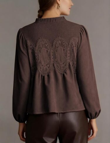 Lentta Women's Lace-Detail Suede Flared Blouse Long Sleeve Crew Neck Swing Babydoll Tops Elegant Intricate Mesh Loose Shirts in Saudi Arabia