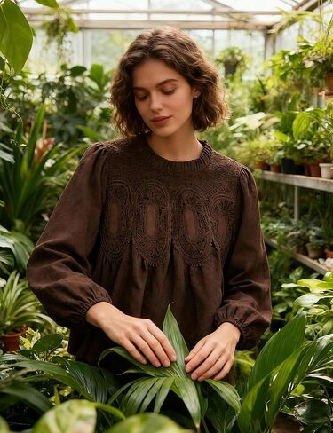 Lentta Women's Lace-Detail Suede Flared Blouse Long Sleeve Crew Neck Swing Babydoll Tops Elegant Intricate Mesh Loose Shirts in Saudi Arabia