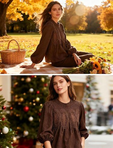 Lentta Women's Lace-Detail Suede Flared Blouse Long Sleeve Crew Neck Swing Babydoll Tops Elegant Intricate Mesh Loose Shirts in Saudi Arabia