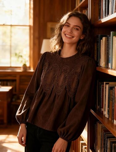 Lentta Women's Lace-Detail Suede Flared Blouse Long Sleeve Crew Neck Swing Babydoll Tops Elegant Intricate Mesh Loose Shirts in Saudi Arabia