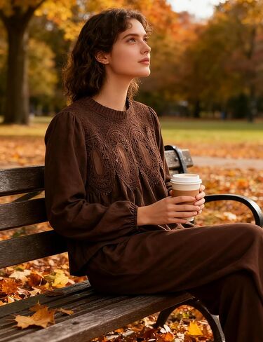 Lentta Women's Lace-Detail Suede Flared Blouse Long Sleeve Crew Neck Swing Babydoll Tops Elegant Intricate Mesh Loose Shirts in Saudi Arabia