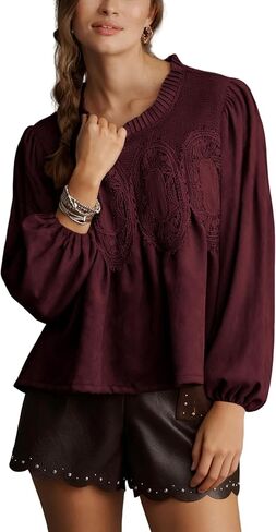 Lentta Women's Lace-Detail Suede Flared Blouse Long Sleeve Crew Neck Swing Babydoll Tops Elegant Intricate Mesh Loose Shirts in Saudi Arabia