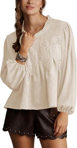 Lentta Women's Lace-Detail Suede Flared Blouse Long Sleeve Crew Neck Swing Babydoll Tops Elegant Intricate Mesh Loose Shirts in Saudi Arabia