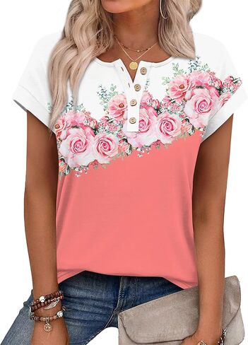 OFEEFAN Womens Tops Henley Shirts Short Sleeve Business Work Blouses Dressy Casual Summer Tops Spring Outfits in Saudi Arabia