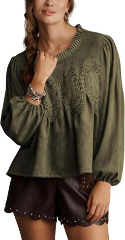 Lentta Women's Lace-Detail Suede Flared Blouse Long Sleeve Crew Neck Swing Babydoll Tops Elegant Intricate Mesh Loose Shirts in Saudi Arabia