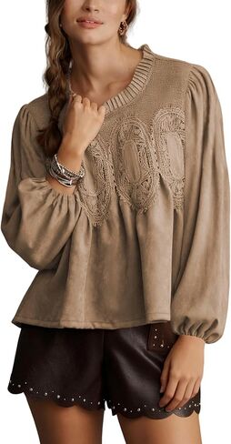 Lentta Women's Lace-Detail Suede Flared Blouse Long Sleeve Crew Neck Swing Babydoll Tops Elegant Intricate Mesh Loose Shirts in Saudi Arabia