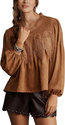 Lentta Women's Lace-Detail Suede Flared Blouse Long Sleeve Crew Neck Swing Babydoll Tops Elegant Intricate Mesh Loose Shirts in Saudi Arabia