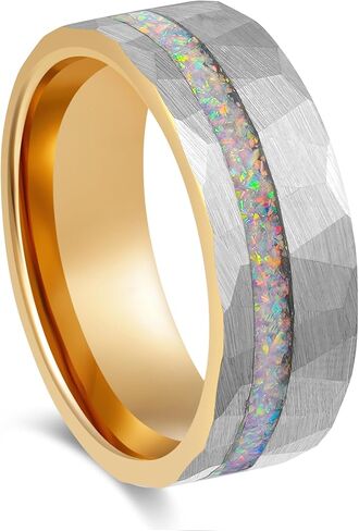 Men's Wedding Ring 8mm Silver Hammered Rose Gold Tungsten White Fire Opal Inlay – Comfort Fit Mens Wedding Band with Antique Wooden Ring Box in Saudi Arabia