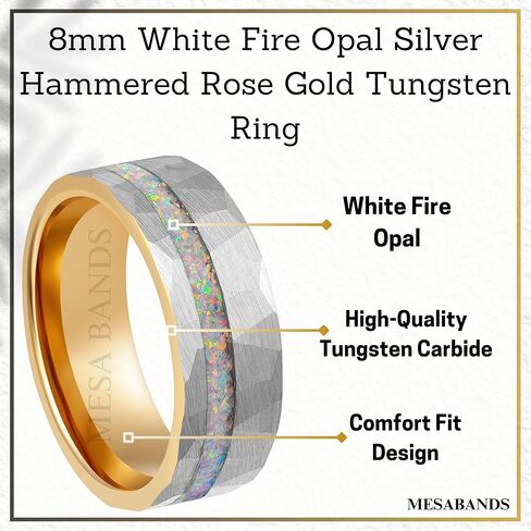 Men's Wedding Ring 8mm Silver Hammered Rose Gold Tungsten White Fire Opal Inlay – Comfort Fit Mens Wedding Band with Antique Wooden Ring Box in Saudi Arabia