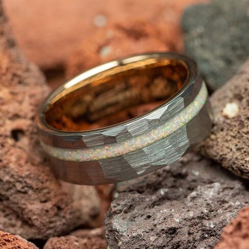 Men's Wedding Ring 8mm Silver Hammered Rose Gold Tungsten White Fire Opal Inlay – Comfort Fit Mens Wedding Band with Antique Wooden Ring Box in Saudi Arabia