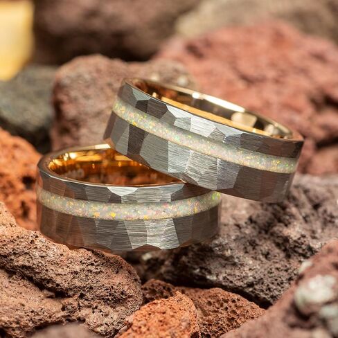 Men's Wedding Ring 8mm Silver Hammered Rose Gold Tungsten White Fire Opal Inlay – Comfort Fit Mens Wedding Band with Antique Wooden Ring Box in Saudi Arabia