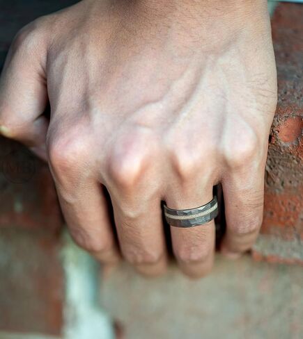Men's Wedding Ring 8mm Silver Hammered Rose Gold Tungsten White Fire Opal Inlay – Comfort Fit Mens Wedding Band with Antique Wooden Ring Box in Saudi Arabia