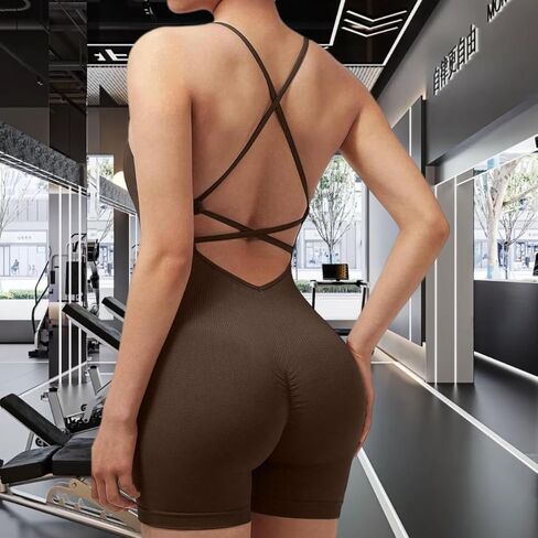 Women's Yoga Jumpsuits, Workout V Back Rompers for Women Seamless One Piece Tummy Control Jumpsuit Scrunch Yoga Short in Saudi Arabia