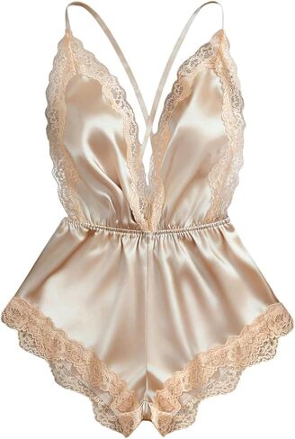 SHENHE Women's Lace Trim Satin Lingerie Romper Deep V Backless Pajama Romper Sleepwear in Saudi Arabia