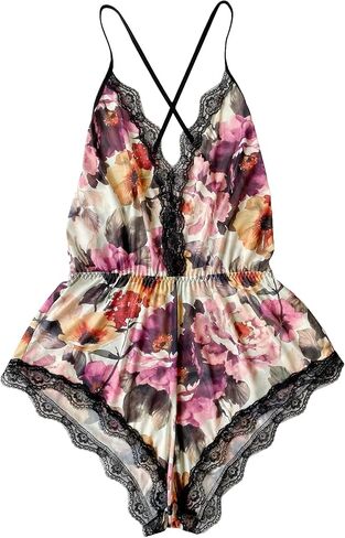 WDIRARA Women's Floral Lace Trim Cami Romper Crisscross Sleeveless Short Jumpsuit Sleepwear in Saudi Arabia