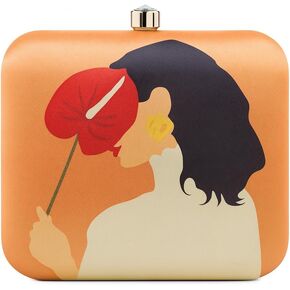 Elegant Evening Clutch Purse with Artistic Print Design, Coral Orange with Gold Chain Strap, Fashion Statement Handbag for Special Occasions in Saudi Arabia