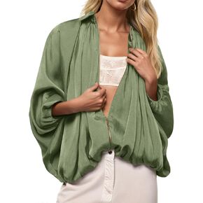 Tankaneo Womens Bomber Jackets Oversized Batwing Sleeve Zip Up Puffed Jacket Lapel Collar Pleated Outerwear in Saudi Arabia