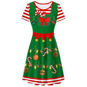 Deerose Christmas Short Sleeve Dresses Women Xmas Elastic Waist Midi Dresses Casual Tunic Dress in Kuwait