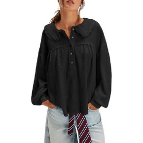 Women's Waffle Knit Tops Collared Solid Color Pullover Long Sleeve V Neck Loose Tunic Babydoll Top Blouse in Saudi Arabia