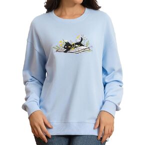 Embroidered Cat With Book Flower Sweatshirt Women Cute Embroider Black Kitty Sweater Book Lover Shirt Casual Crew Neck in Saudi Arabia