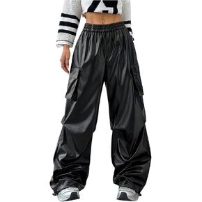 GORGLITTER Women's PU Leather Pants Baggy Cargo Y2k Elastic High Waisted Wide Leg Track Pants Trousers Streetwear in Saudi Arabia