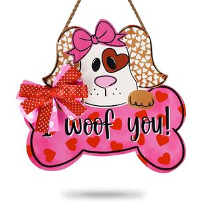 علامة تعليق خشبية للكلب في عيد الحب من Whaline مع قوس I Woof You Pet Dog علامة إكليل الترحيب باللون الوردي، علامة ديكور الباب الوردي لنافذة الحائط الداخلية والخارجية in Kuwait