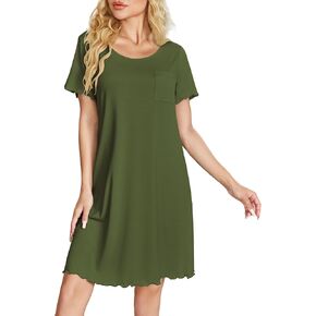 Ekouaer Bamboo Viscose Sleep Shirts for Women Soft Nightgowns Short Sleeve Ruffled Night Shirts with Chest Pocket S-3XL in Saudi Arabia